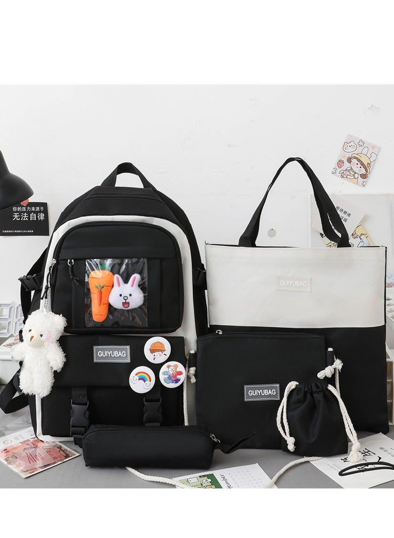 Backpack Set Cute School Laptop Bag Canvas Daypack 5 PCS with Shoulder Bag, Pencil Box, Tote Bag, Small Bag - Image 2