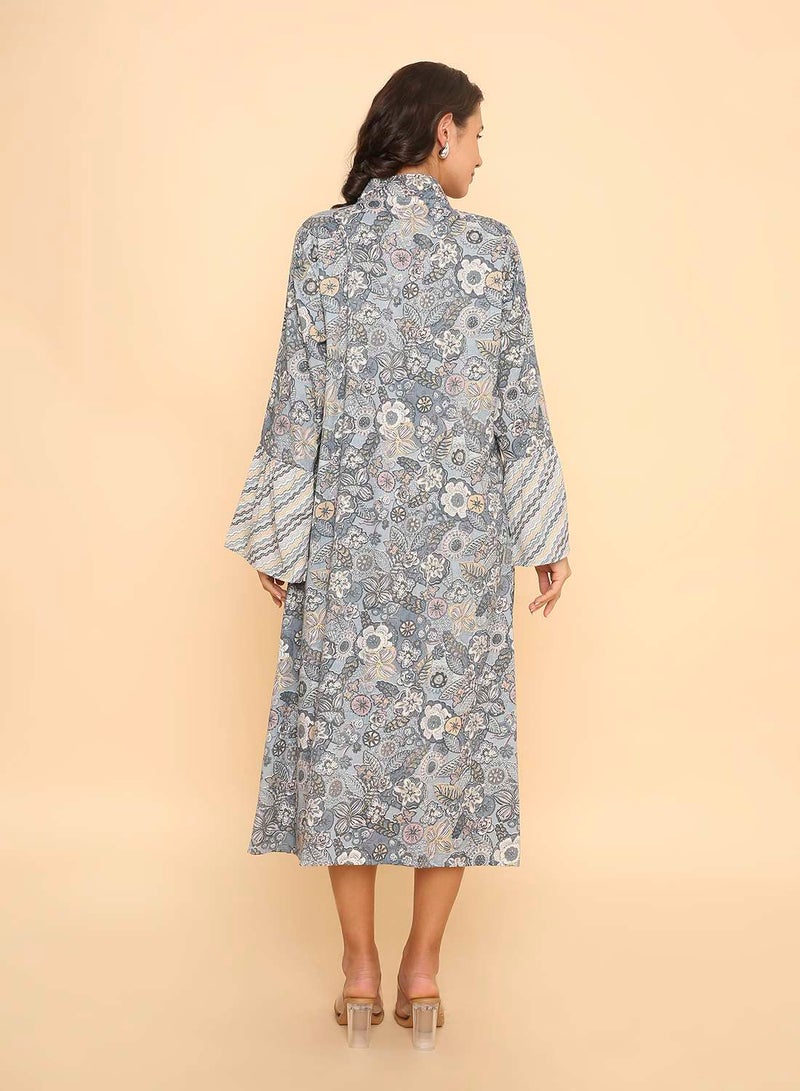 HANA & SARA Dusty Blue Floral & Chevron Print Arabic Jalabiya with Bell Sleeves - Image 2
