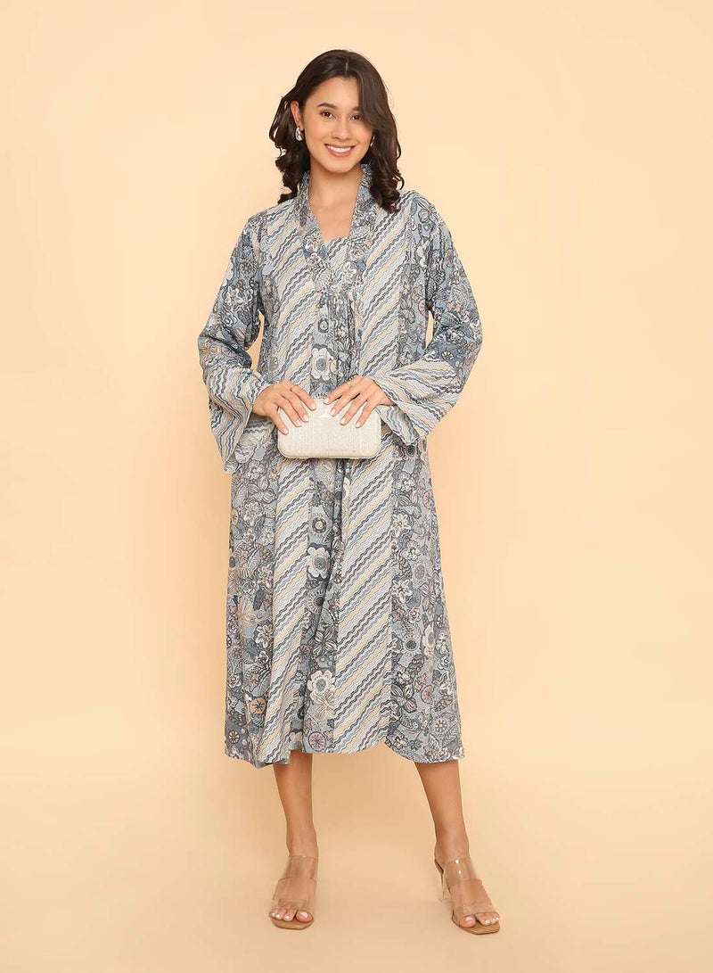 HANA & SARA Dusty Blue Floral & Chevron Print Arabic Jalabiya with Bell Sleeves - Image 1
