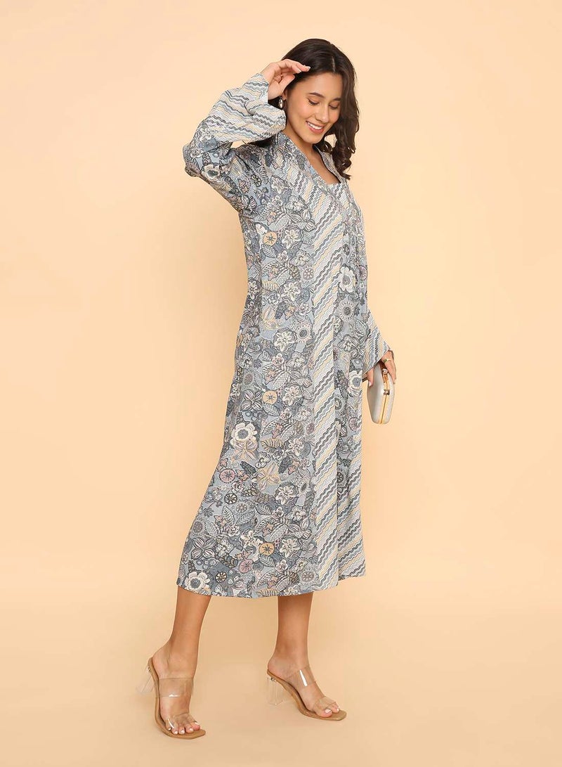 HANA & SARA Dusty Blue Floral & Chevron Print Arabic Jalabiya with Bell Sleeves - Image 4