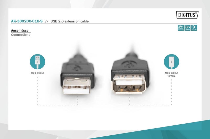 DIGITUS USB 2.0 extension cable - 1.8 m - USB-A (plug) to Type A (socket) - 480 Mbps - Black - Image 2