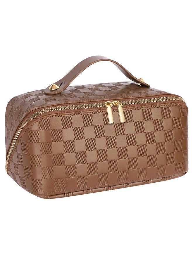 Sharpdo Capacity Travel Cosmetic Bag Plaid Checkered Makeup Bag Portable Leather Waterproof Skincare Bag with Handle and Divider for Women - Image 1