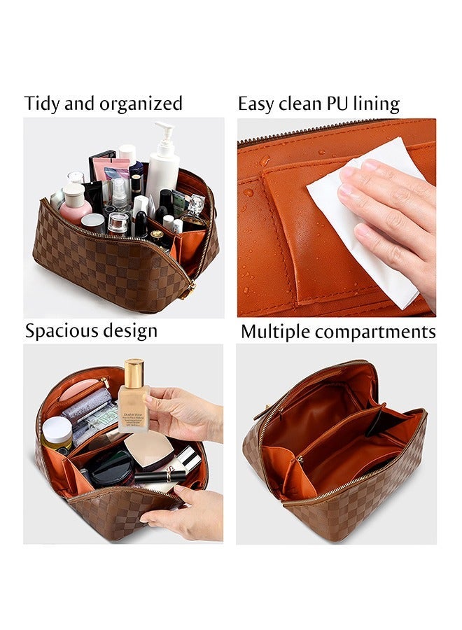 Sharpdo Capacity Travel Cosmetic Bag Plaid Checkered Makeup Bag Portable Leather Waterproof Skincare Bag with Handle and Divider for Women - Image 2
