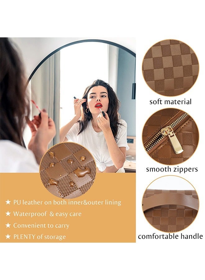 Sharpdo Capacity Travel Cosmetic Bag Plaid Checkered Makeup Bag Portable Leather Waterproof Skincare Bag with Handle and Divider for Women - Image 3