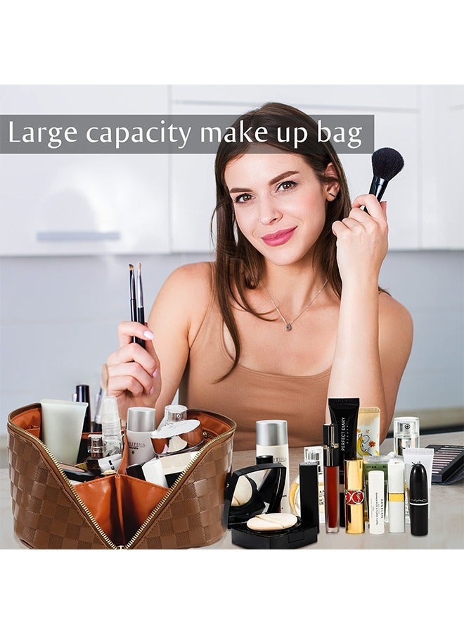 Sharpdo Capacity Travel Cosmetic Bag Plaid Checkered Makeup Bag Portable Leather Waterproof Skincare Bag with Handle and Divider for Women - Image 4