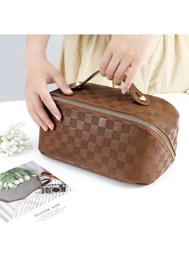 Sharpdo Capacity Travel Cosmetic Bag Plaid Checkered Makeup Bag Portable Leather Waterproof Skincare Bag with Handle and Divider for Women - Image 5