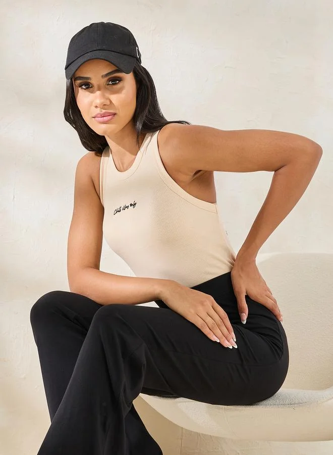 Styli Ribbed Slogan Embroidery Detail Racerback Tank Top