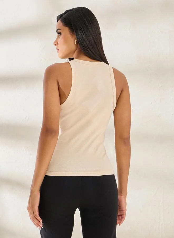 Styli Ribbed Slogan Embroidery Detail Racerback Tank Top