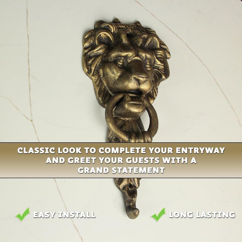 Zeckos 10 Inch High Bronze Finish Cast Iron Lion Head Vintage Style Door Knocker - Easy to Install - A Classic Elegant Statement Piece for Your Front Entryway - Image 1