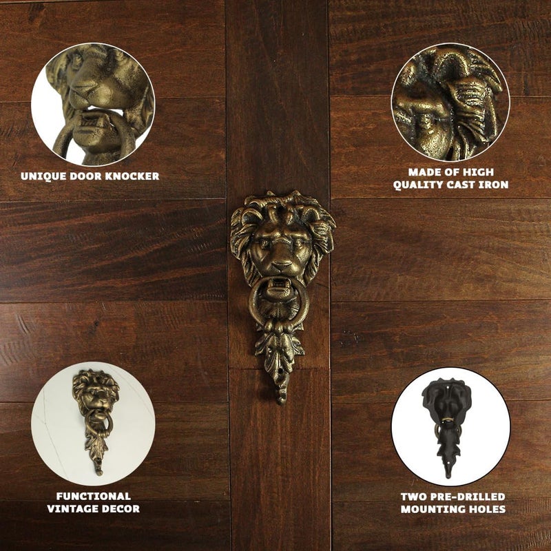 Zeckos 10 Inch High Bronze Finish Cast Iron Lion Head Vintage Style Door Knocker - Easy to Install - A Classic Elegant Statement Piece for Your Front Entryway - Image 2