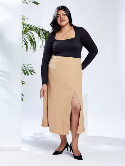globus Globus Gloplus Women Beige Mid-Rise Self Design Bohemian Front Slit Plus Size A-Line Midi Skirt