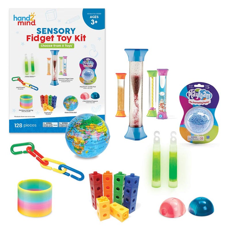 hand2mind Sensory Fidget Toy Kit, Play Therapy Toys, Fidget Tube, Mini Glow Sticks, Play Foam, Stress Ball, Anxiety Sensory Items, Occupational Therapy Toys, Calm Down Corner Supplies (128 Pieces) - Image 1