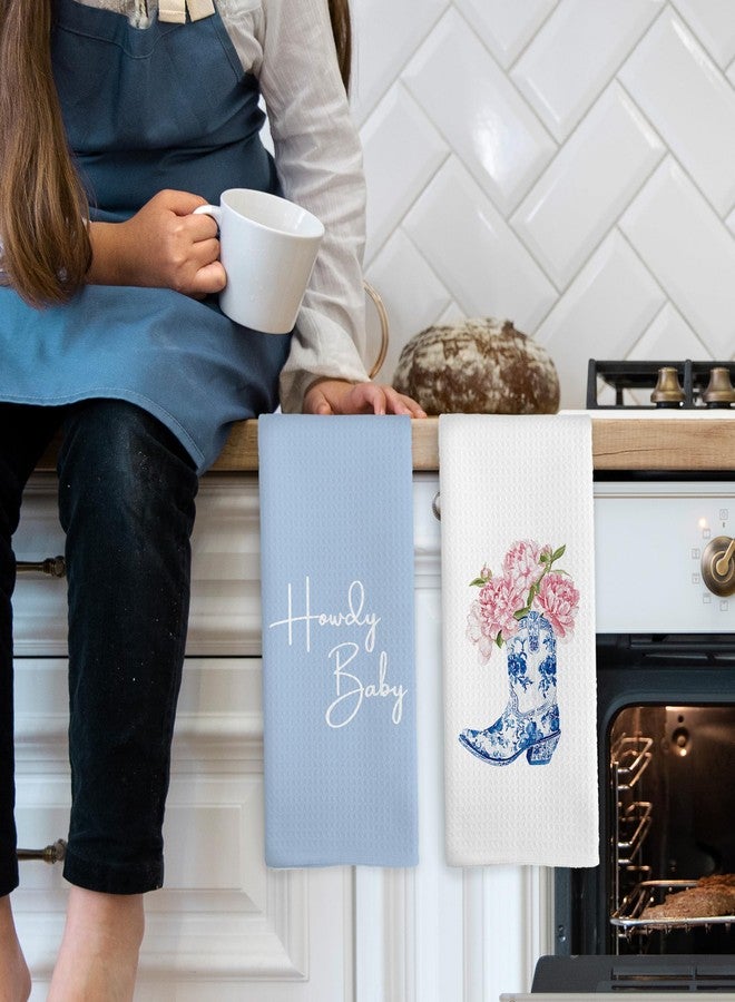 Mcehtle Chinoiserie Western Boots Floral Kitchen Towels Set of 2, Blue and White Porcelain Coastal Cowgirls Bathroom Hand Towel, Vintage Retro Howdy Baby Decorative Tea Towel Dish Towels 16x24 Inch - Image 3