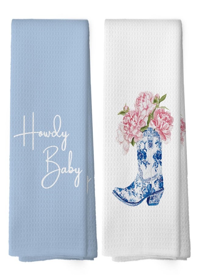 Mcehtle Chinoiserie Western Boots Floral Kitchen Towels Set of 2, Blue and White Porcelain Coastal Cowgirls Bathroom Hand Towel, Vintage Retro Howdy Baby Decorative Tea Towel Dish Towels 16x24 Inch - Image 1