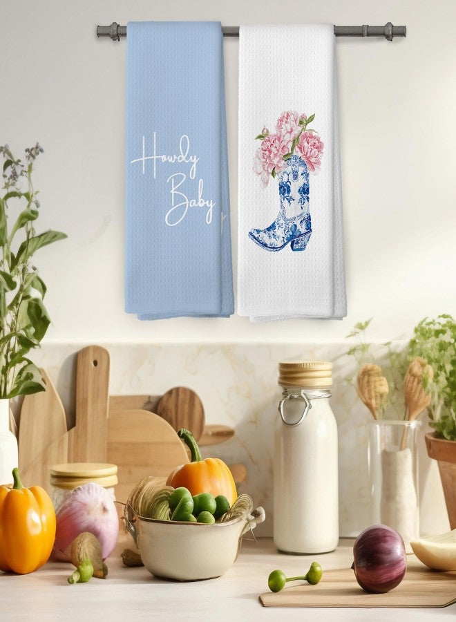 Mcehtle Chinoiserie Western Boots Floral Kitchen Towels Set of 2, Blue and White Porcelain Coastal Cowgirls Bathroom Hand Towel, Vintage Retro Howdy Baby Decorative Tea Towel Dish Towels 16x24 Inch - Image 4