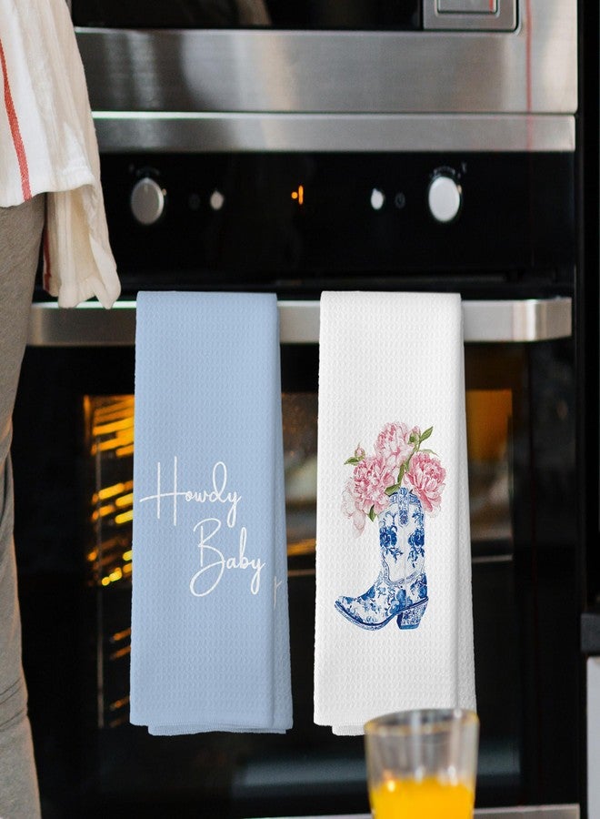 Mcehtle Chinoiserie Western Boots Floral Kitchen Towels Set of 2, Blue and White Porcelain Coastal Cowgirls Bathroom Hand Towel, Vintage Retro Howdy Baby Decorative Tea Towel Dish Towels 16x24 Inch - Image 2