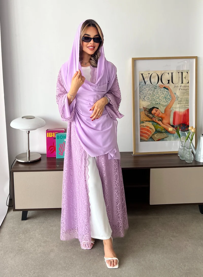 Lusin Abaya Lavender Lace Semi-Flared Abay