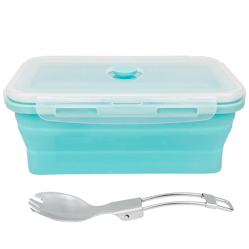 CARTINTS Large Collapsible Camping Food Containers  1200ml Silicone Lunch Container  Microwave Safe Reusable Meal Prep Container For Indoor&Outdoor Kitchen With Foldable Spoon  Blue - Image 1