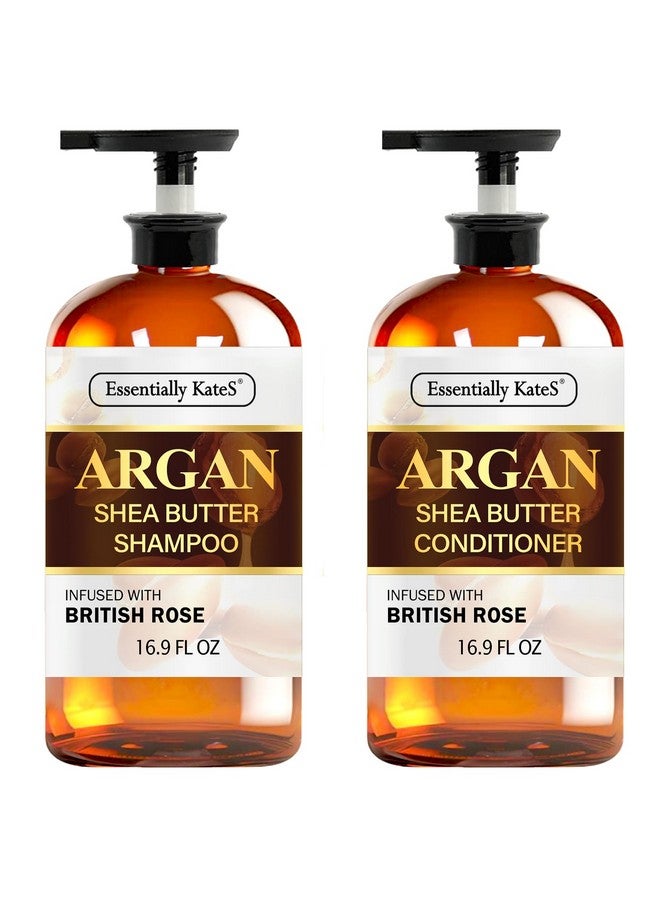 Argan Shea Butter Shampoo And Conditioner Infused With Rose Extract 16 Fl Oz Set, Pack Of 2 - Long Lasting Moisturizing Effect - Curly And Wavy Hair