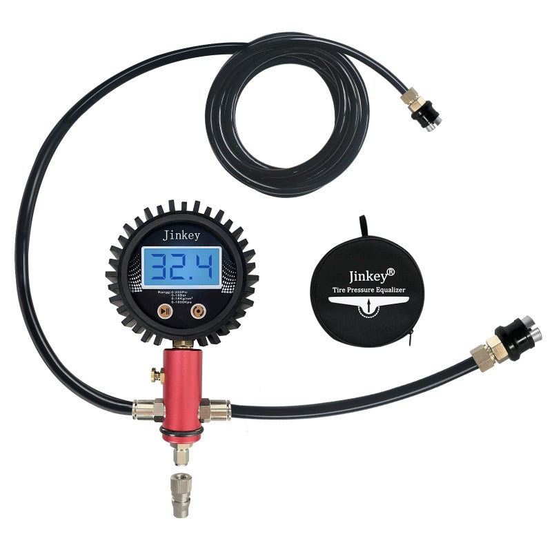 JINKEY Upgrade Dual Tire Pressure Equalizer with Quick Coupler Adaptor Professional 2 Way Tire Inflation Deflation System OffRoad Air Down Tire Deflators Monitor for Offroad Vehicles Accessories