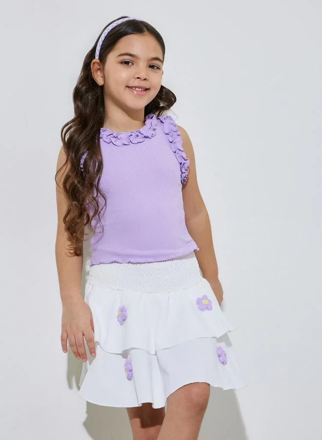 Styli Girls Lilac Ribbed Tank Top and White Flower Embroidered Ruffled Skirt Set