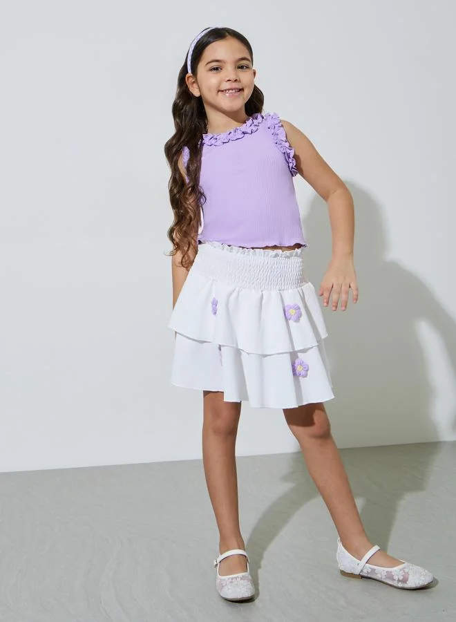 Styli Girls Lilac Ribbed Tank Top and White Flower Embroidered Ruffled Skirt Set