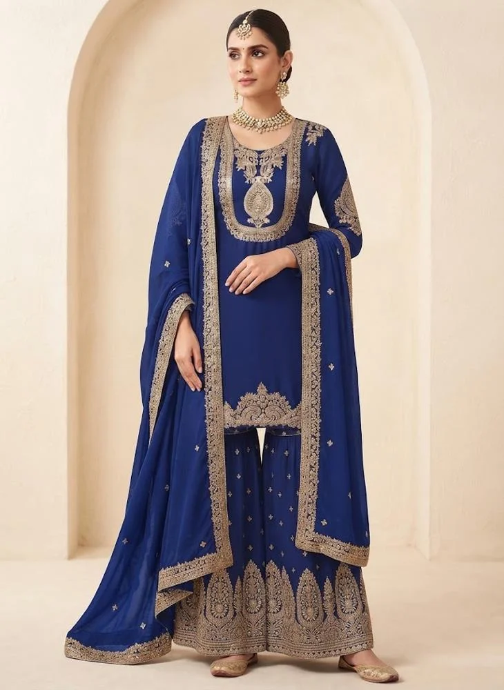 Viny VINY Royal Blue 3-Piece Embroidered Sharara Suit Set – Women's Indian Ethnic Wear