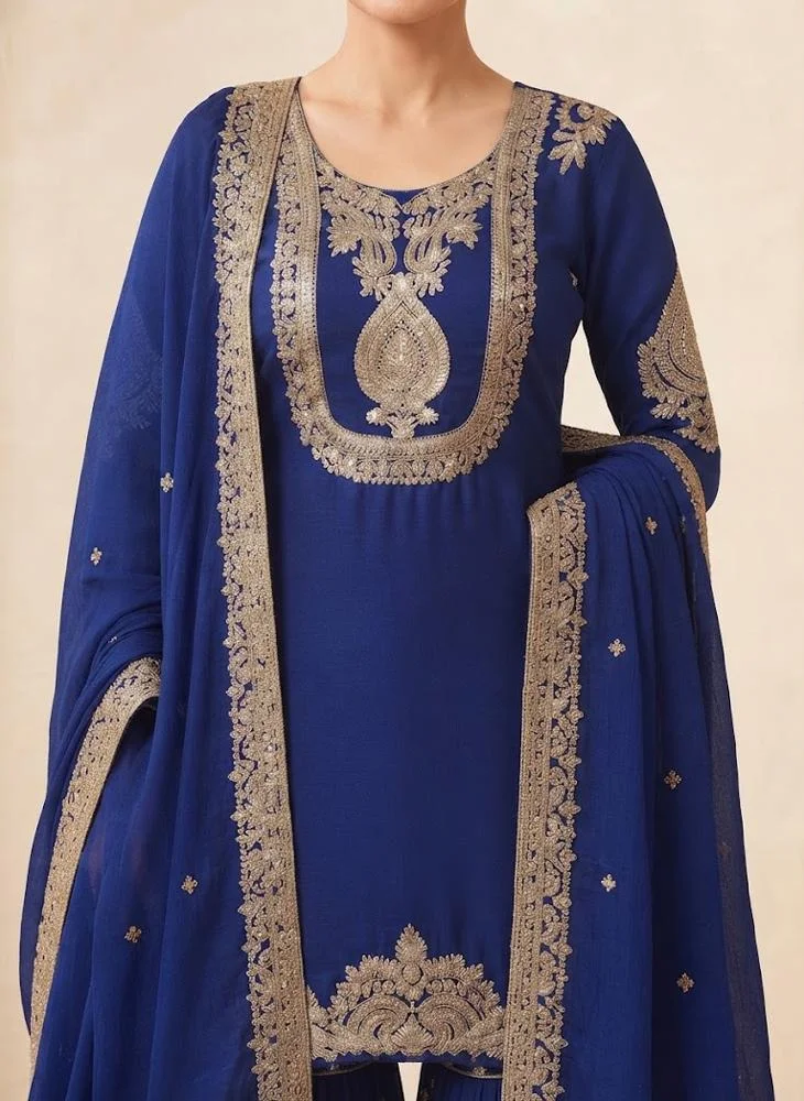 Viny VINY Royal Blue 3-Piece Embroidered Sharara Suit Set – Women's Indian Ethnic Wear