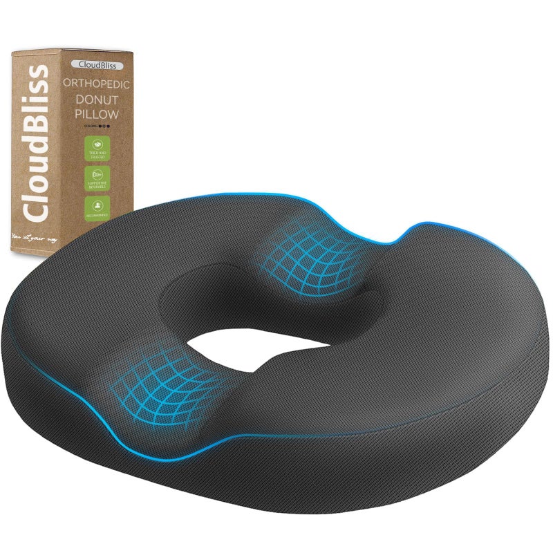 CloudBliss CloudBliss Donut Pillow Seat Cushion for Tailbone Pain Relief and Hemorrhoids Memory Foam Chair Cushion for Postpartum Pregnancy Seat Cushions for Men and Women for Home  Office Grey 