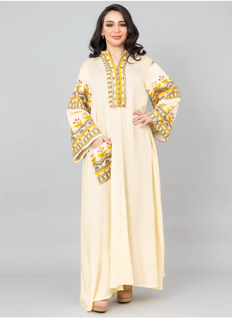 IKKXA Solid Embroidery Jalabiya with Pocket OMN06 Beige