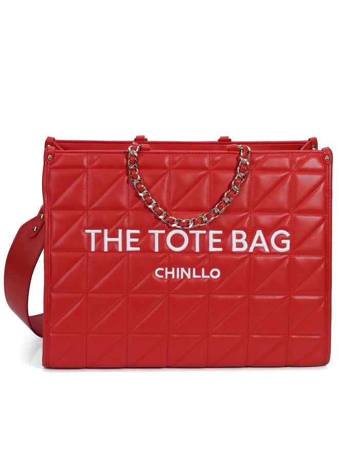 Chinllo Tote Bag for Women Top Handle Satchel Purse and Handbags with Shoulder Strap, Red-quilted, Large 16.3 IN with 16IN Laptop Compartment - Image 1