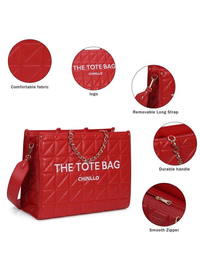 Chinllo Tote Bag for Women Top Handle Satchel Purse and Handbags with Shoulder Strap, Red-quilted, Large 16.3 IN with 16IN Laptop Compartment - Image 3