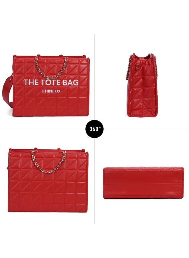 Chinllo Tote Bag for Women Top Handle Satchel Purse and Handbags with Shoulder Strap, Red-quilted, Large 16.3 IN with 16IN Laptop Compartment - Image 5