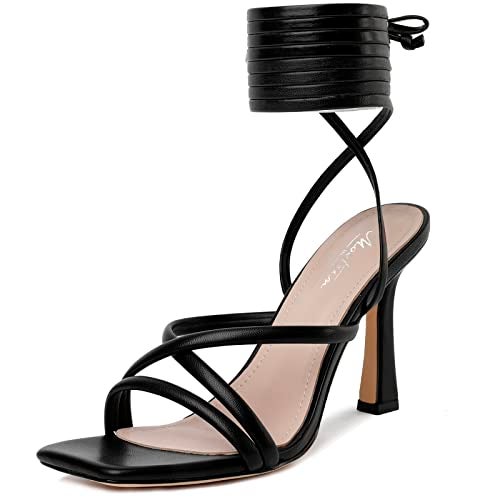 Mostrin Black Strappy Heels for Women Lace Up Heels Tie Up Stiletto High Heeled Sandals Square Open Toe Heels for Prom, Party Size 8 - Image 1