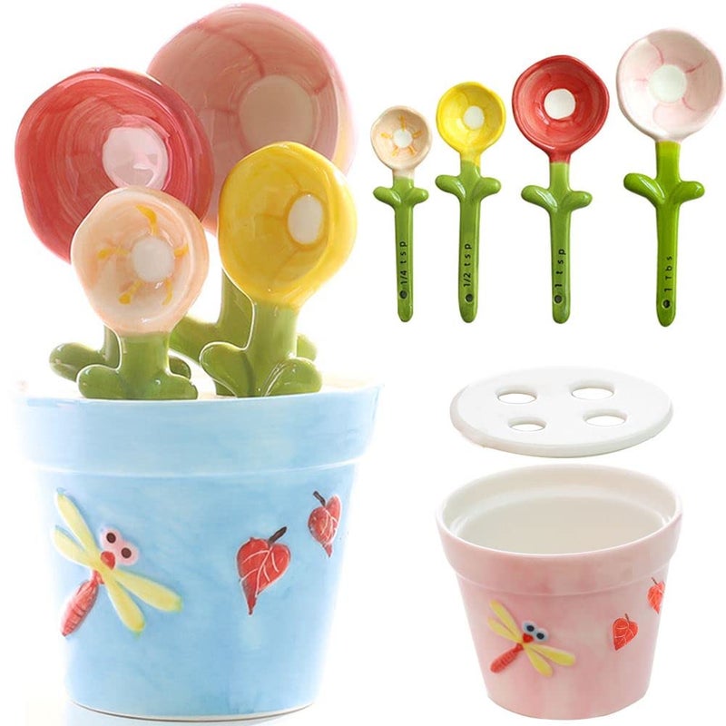 XDONEF Flower Measuring Spoons Set in Pot - Ceramic Baking Measuring Spoons with Holder for Dry & Wet Ingredients - Cute Flower Figurine - Dishwasher Safe - 1 Tbsp, 1/2 Tsp, 1/4 Tsp - Unique Gift - Blue - Image 1