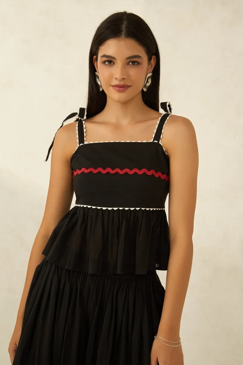 Virgio VIRGIO 100% Cotton Black Peplum Top With Lace