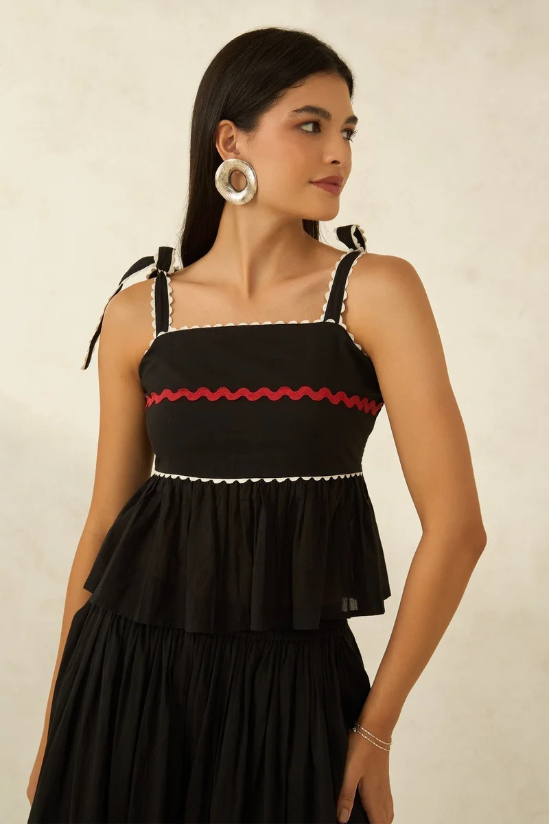 Virgio VIRGIO 100% Cotton Black Peplum Top With Lace