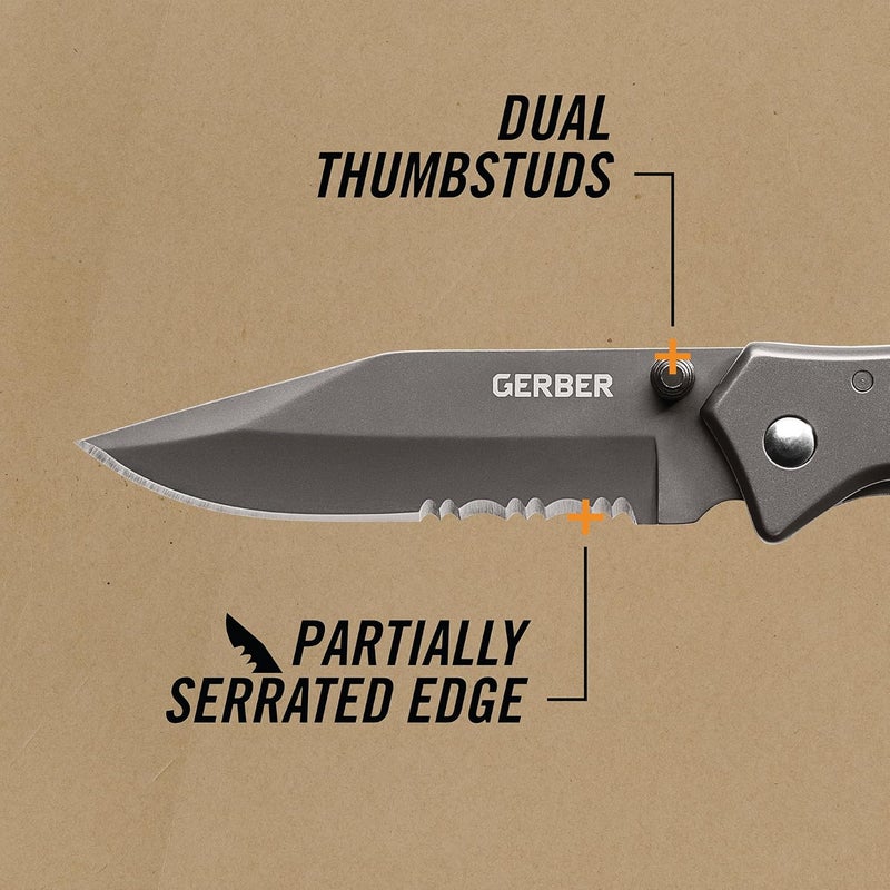 Gerber Gear Paraframe I EDC Folding Pocket Knife, 3" Serrated Edge with Safety Frame Lock, Stainless Steel, Grey - Image 2