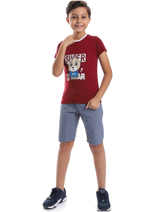Andora - Printed Pattern Short Sleeves Boys T-Shirt_Burgundy - Image 1