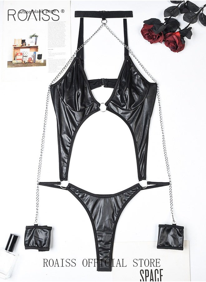 roaiss Women's Underwear Women's Patent Leather Underwear Chain Decorated with Lace Elements  - Image 1