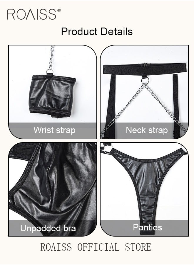 roaiss Women's Underwear Women's Patent Leather Underwear Chain Decorated with Lace Elements  - Image 2
