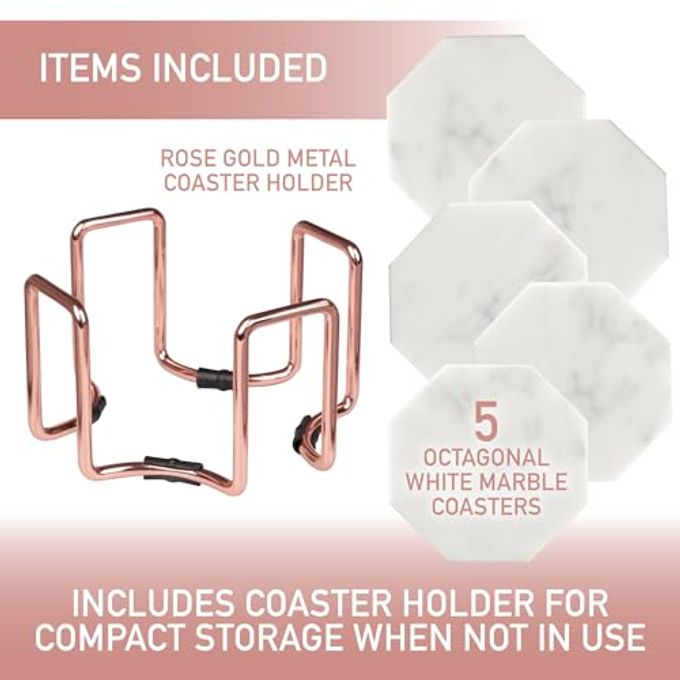 DECO White Carrara Marble Coasters & Rose Gold Coaster Holder (Set of 5)Durable, Thick Coasters Protects Any Table Type & Fits Any Coffee Mug, Drinking Glass, BarwareGreat Housewarming & Wedding Gift - Image 5