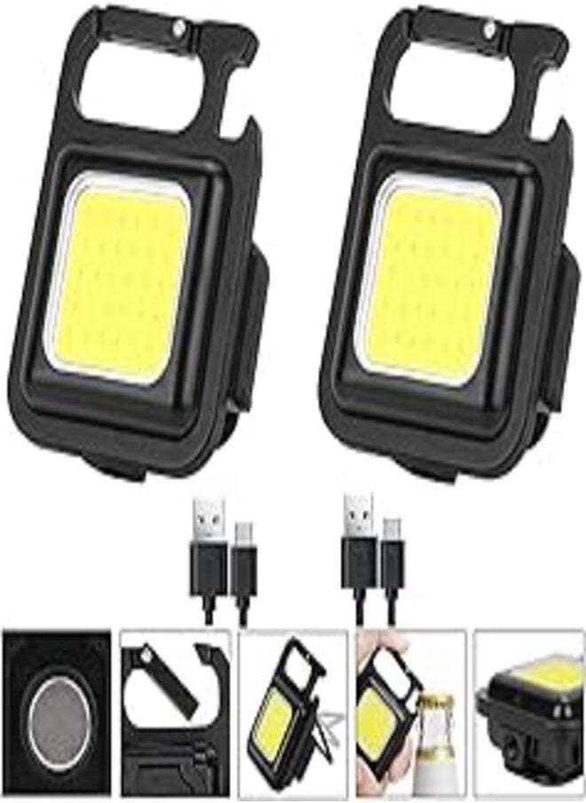 Generic Small Flashlights, 800Lumens Rechargeable COB Tiny Keychain Flashlight 4 Light Modes Portable Mini Magnetic Bright Compact EDC Pocket Light with Collapsible Bracket Bottle Opener Walking (Black X 2) 