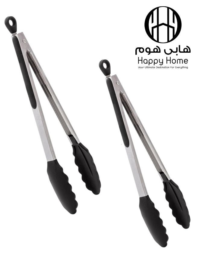 هابي هوم ملقط تقديم مطبخ من قطعتين - ملقط طعام شديد التحمل من الفولاذ المقاوم للصدأ مع رأس سيليكون غير لاصق ومقبض غير قابل للانزلاق بالإضافة إلى حلقة دائرية مدمجة للقفل، 35 سم للقلاية الهوائية والسلطة والشواء والفرن - أسود  - Image 1