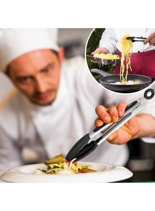 2-Piece Kitchen Serving Tongs - Heavy Duty Stainless Steel Food Tongs with Non-Stick Silicone Head and Non-Slip Grip Plus Built-in O-Ring for Locking, 35cm for Air Fryer, Salad, BBQ, Oven- Black