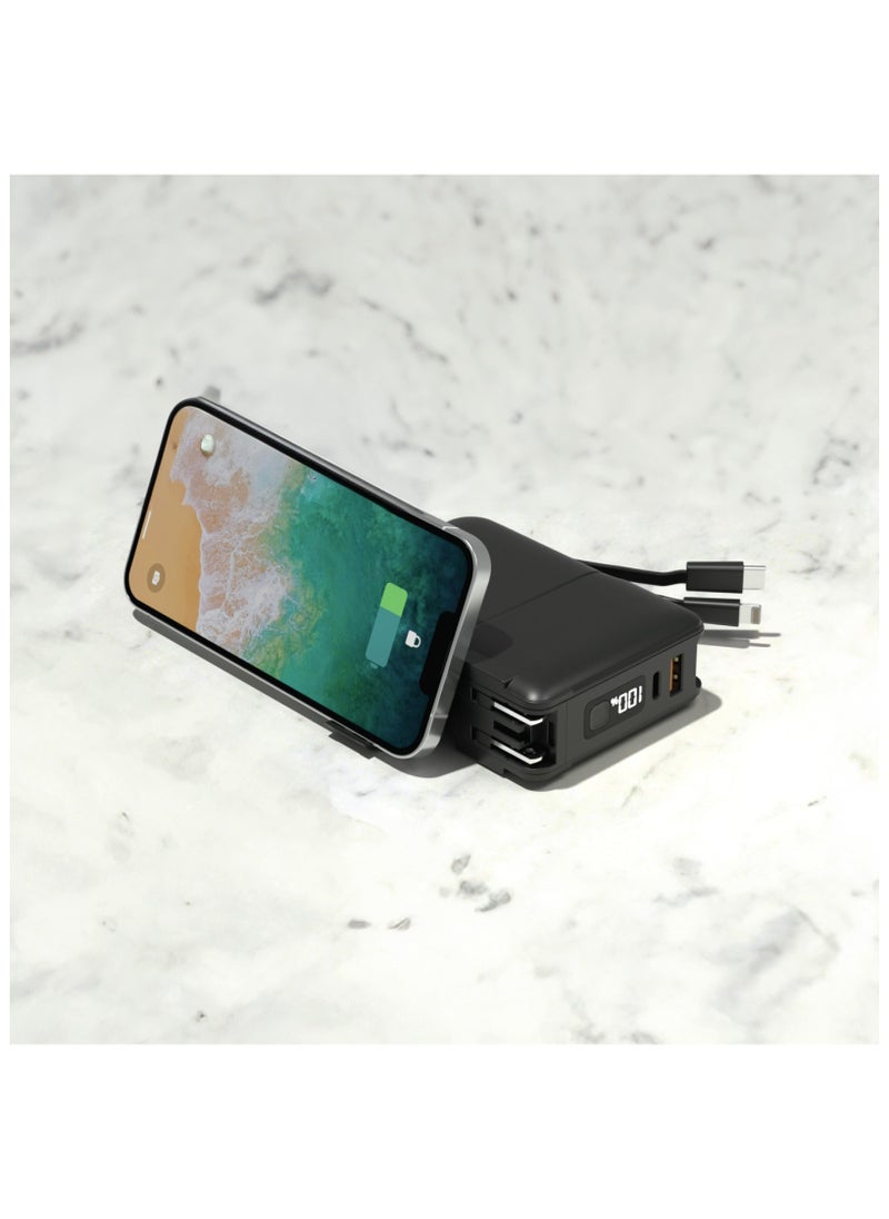 GREEN LION - 10000 mAh Travel Power Bank 10000mAh / Adaptor / Holder / US Plug / EU Plug / UK Plug / 20W Type-C Output / 22.5W USB-A Output / 15W Wireless Powerbank / Lightening Output / Integrated Cable / 10W DC Charger - Black - Image 1