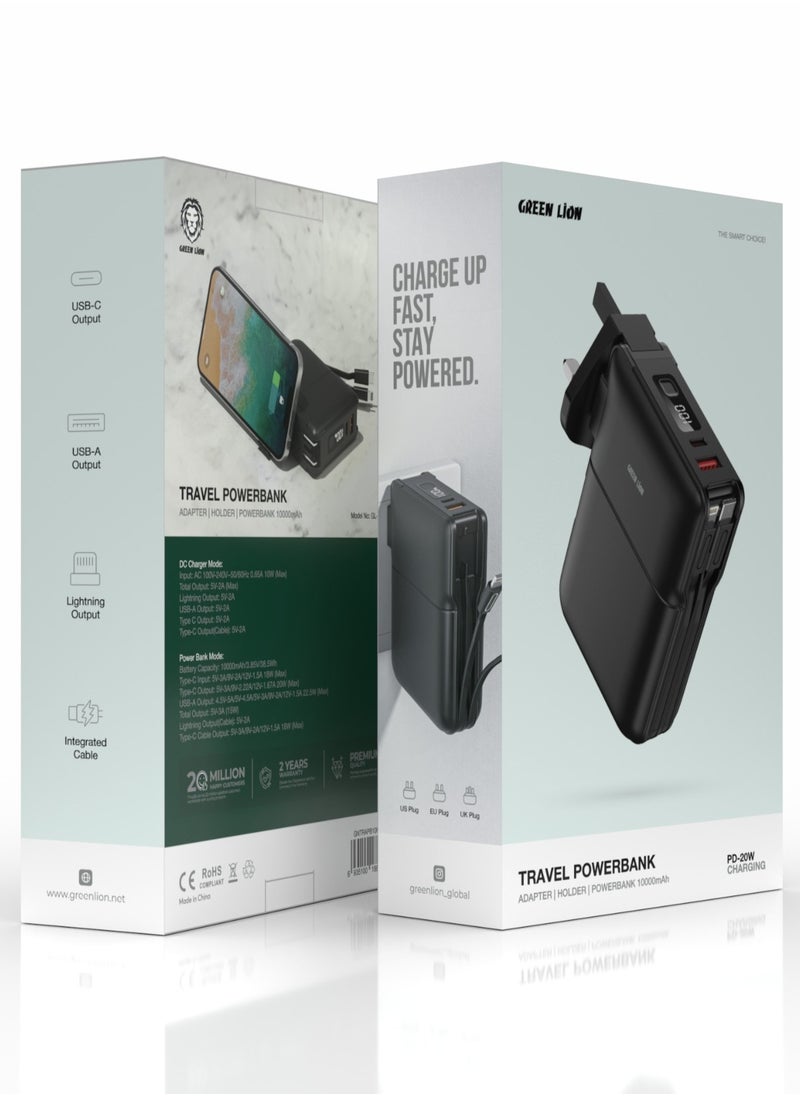 GREEN LION - 10000 mAh Travel Power Bank 10000mAh / Adaptor / Holder / US Plug / EU Plug / UK Plug / 20W Type-C Output / 22.5W USB-A Output / 15W Wireless Powerbank / Lightening Output / Integrated Cable / 10W DC Charger - Black - Image 1