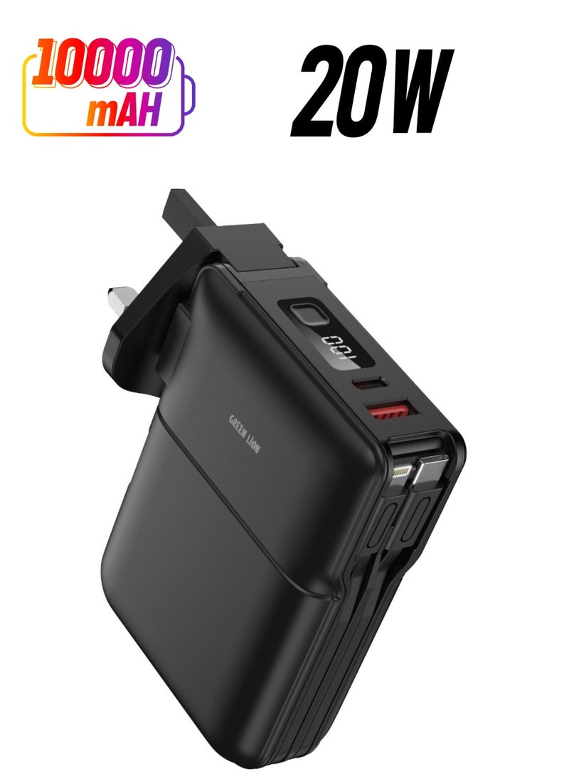 GREEN LION - 10000 mAh Travel Power Bank 10000mAh / Adaptor / Holder / US Plug / EU Plug / UK Plug / 20W Type-C Output / 22.5W USB-A Output / 15W Wireless Powerbank / Lightening Output / Integrated Cable / 10W DC Charger - Black - Image 1
