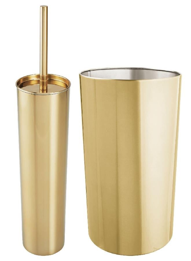 mDesign mDesign Round Metal Modern Compact Freestanding Plastic Toilet Bowl Brush and Round Wastebasket Garbage Can Combo Set for Bathroom Storage - Sturdy, Deep Cleaning - Set of 2 - Brass - Image 2