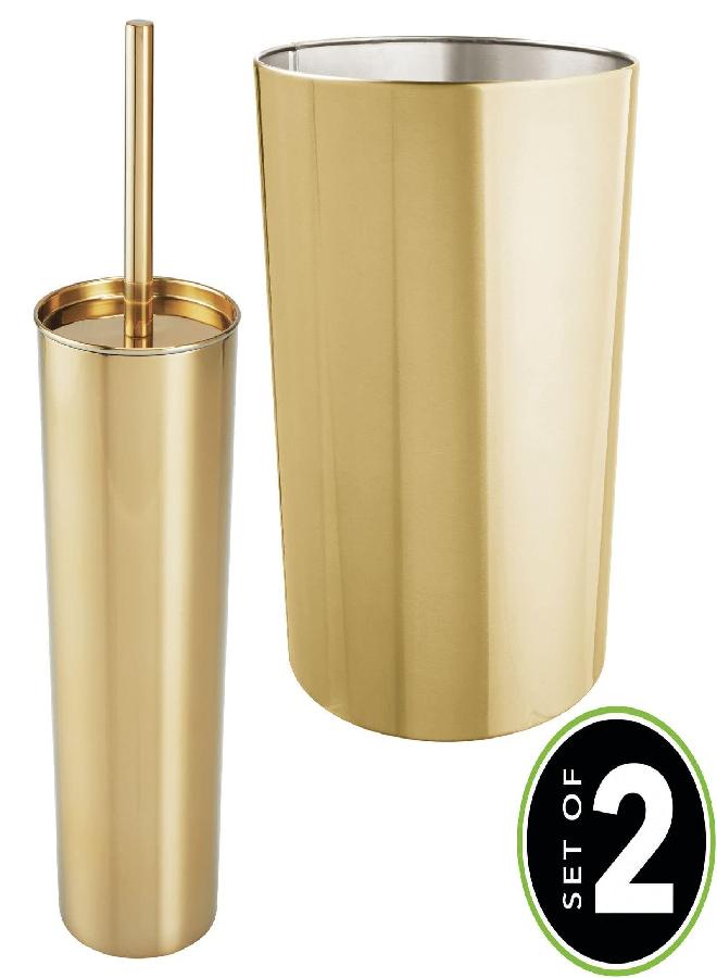 mDesign mDesign Round Metal Modern Compact Freestanding Plastic Toilet Bowl Brush and Round Wastebasket Garbage Can Combo Set for Bathroom Storage - Sturdy, Deep Cleaning - Set of 2 - Brass - Image 1